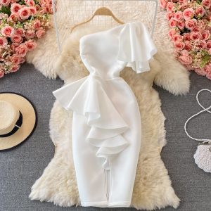 Luxury three-dimensional ruffled waist-hugging temperament off-shoulder slit dress (Copy) (Copy)